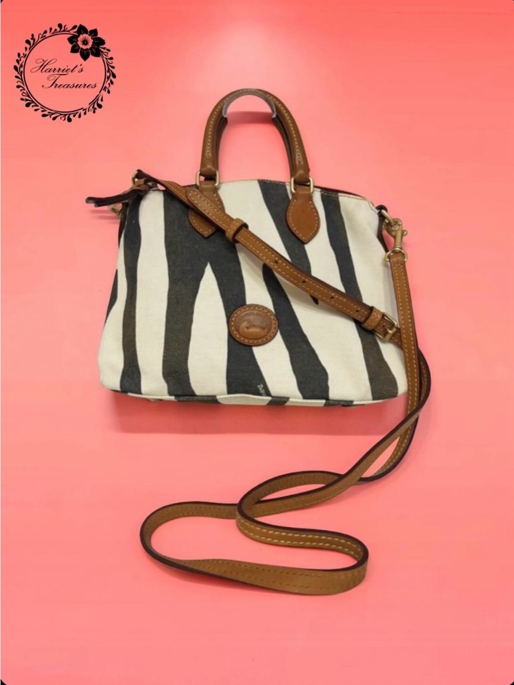 Dooney & Bourke Black and White Zebra Canvas Crossbody with Brown Trim